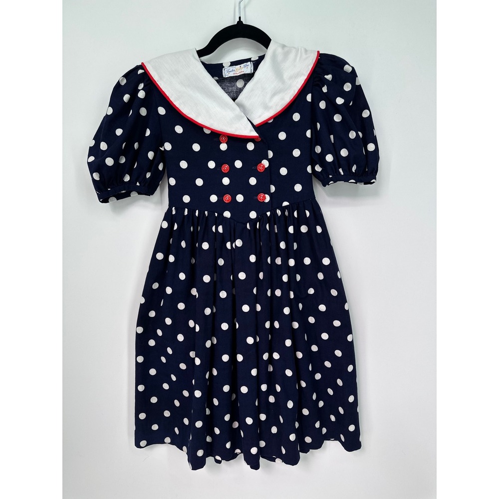 Vintage Girls Size 10 Sailor Dress Navy Polka Dot Puff Sleeve 80s Nautical
0393
